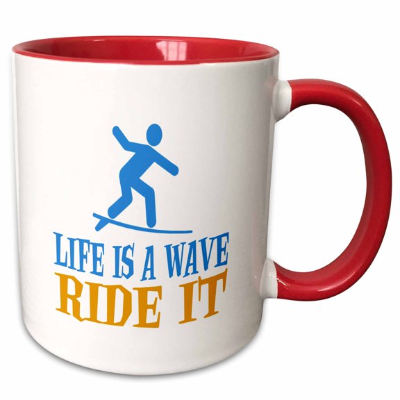 3drose, Image of Words Life Is a Wave Ride It with Surfer Symbol, 11oz Two-tone Red Mug