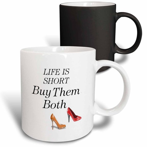 3drose, Image of Words Life Is Short Buy Them Both with Cartoon Shoes, 11oz Magic Transforming Mug