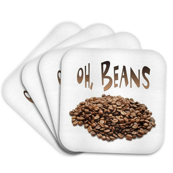 3drose, Image of Words Oh Beans with Coffee Beans Picture, Set of 4 Coasters - Soft
