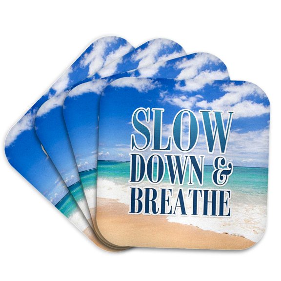 3drose, Image of Words Slow down and Breathe on Beach Background, Set of 4 Coasters - Soft