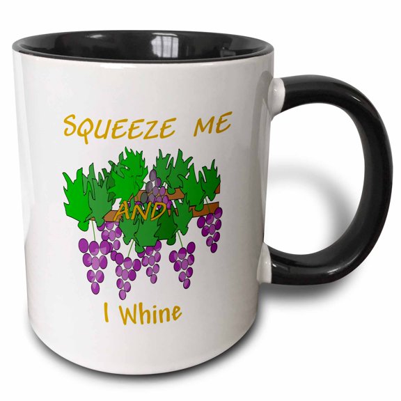 3drose, Image of Words Squeeze Me I Whine on Bunch Cartoon Grapes, 15oz Two-tone Black Mug