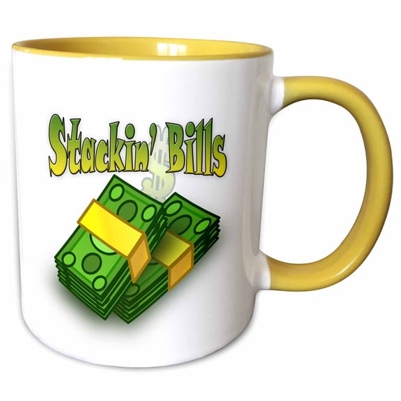 Image Of Words Stackin Bills With Money Picture, 15oz Two-Tone Yellow Mug