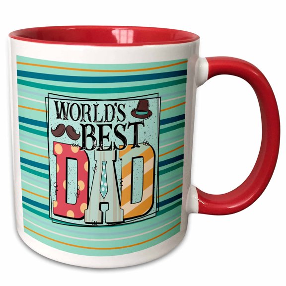 3drose, Image of Worlds Best Dad, Hat, Tie, Mustache, Dots, Stripes, Aqua, 11oz Two-tone Red Mug