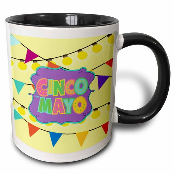 3drose, Image of Zig Zig Cinco De Mayo, Colorful Flags and Lights, 11oz Two-tone Black Mug