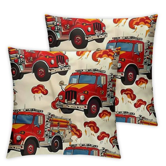 Image of Adorable Cartoon Fire Engine Repeat Pattern Pillow Case