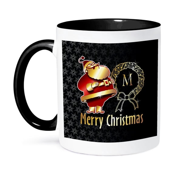 3dRose, Image of Christmas Santa Claus Monogram- Letter M- Not Foil Embossed, 15oz Two-Tone Black Mug