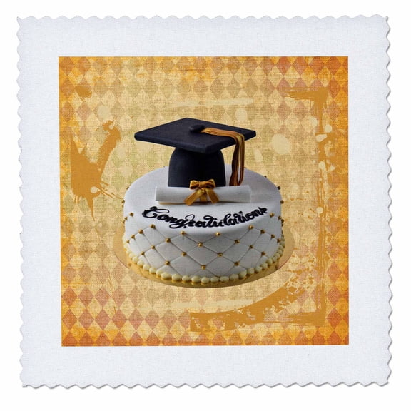 3dRose, Image of Congratulations Graduation Cap, Diploma Cake, Black, Orange, 8x8 inch quilt square