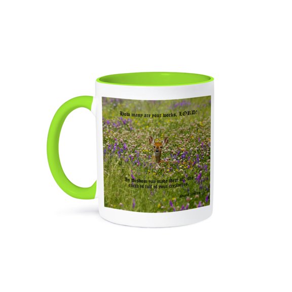 3dRose, Image of Fawn In Field with Springtime Blooming Purple and Pink , 15oz Two-Tone Green Mug