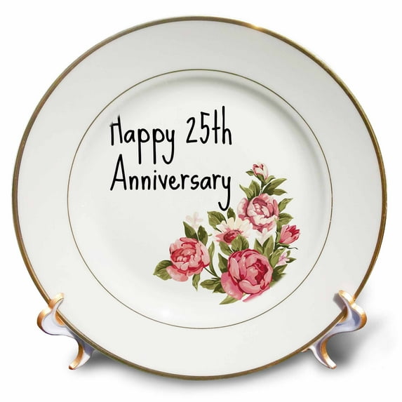 3dRose, Image of Floral Happy 25th Anniversary Quote, 8 inch Porcelain Plate