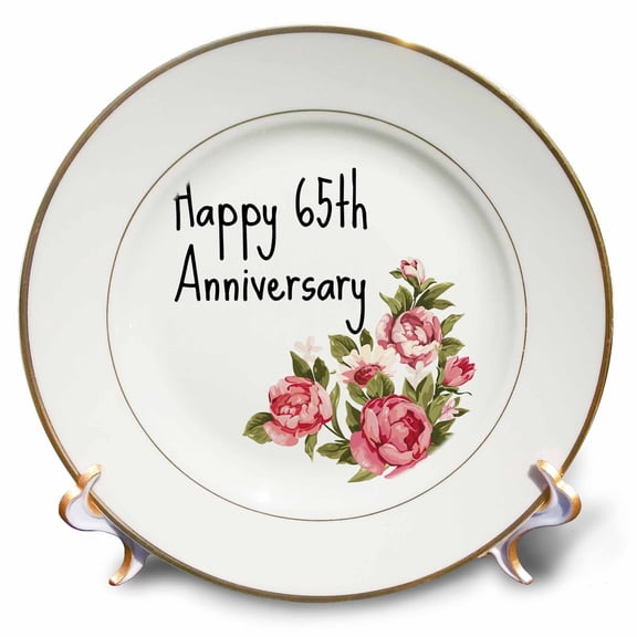 3dRose, Image of Floral Happy 65th Anniversary Quote, 8 inch Porcelain Plate