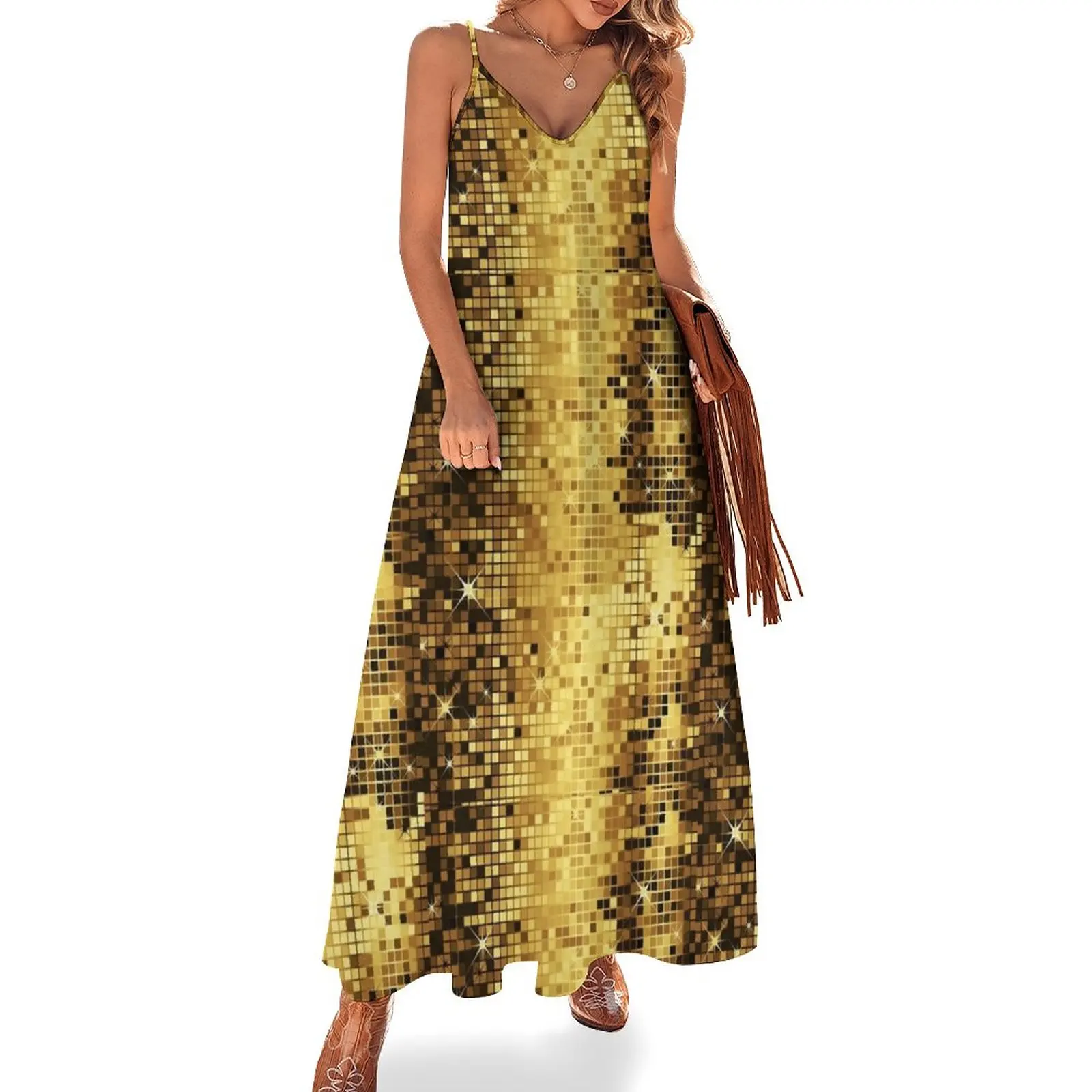 Image of Gold Yellow Ts Retro Glitter DiscoBall rs Pattern Sleeveless Dress  Women's long dress beach dresses - Walmart.com