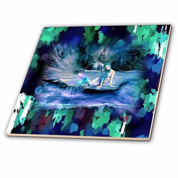 3dRose, Image of Purple Teal Mermaid With Waterfall On Blue Green, 4 Inch Ceramic Tile