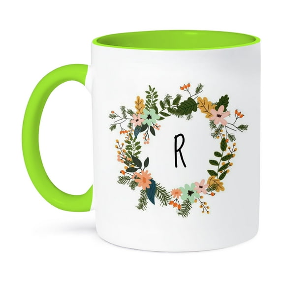 3dRose, Image of R Floral Monogram, 15oz Two-Tone Green Mug