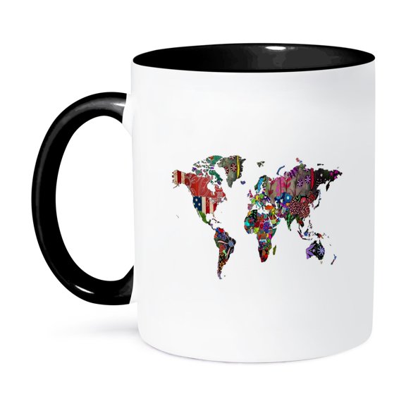 3dRose, Image of World Map In Colorful Fabrics, 11oz Two-Tone Black Mug