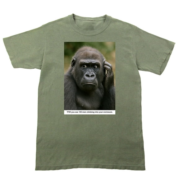 Image of confused Gorilla TFW you see 100 men climbing into your enclosure on Monterrey sage Adult Crew Neck Short Sleeve T-shirt - 3XL