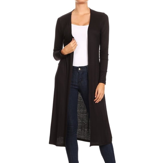Imagenation Solid Ribbed Long Sleeve Cardigan with Slit Sides, Small, Black