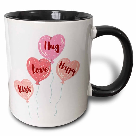 3drose, Images of Heart with Text of Kiss Love Hug Happy, 11oz Two-tone Black Mug