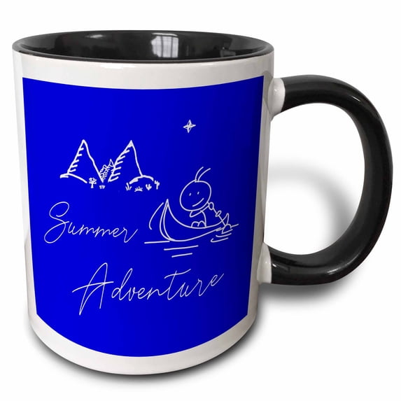 Images of mountains, a man in a boat, text Summer Adventure on blue 15oz Two-Tone Black Mug mug-286449-9