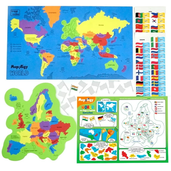 Imagimake Mapology World Map Puzzle with Flags & Capitals + Separate Europe Map - Educational Jigsaw Floor Puzzles | Geography Kids Learning Games for Ages 5+