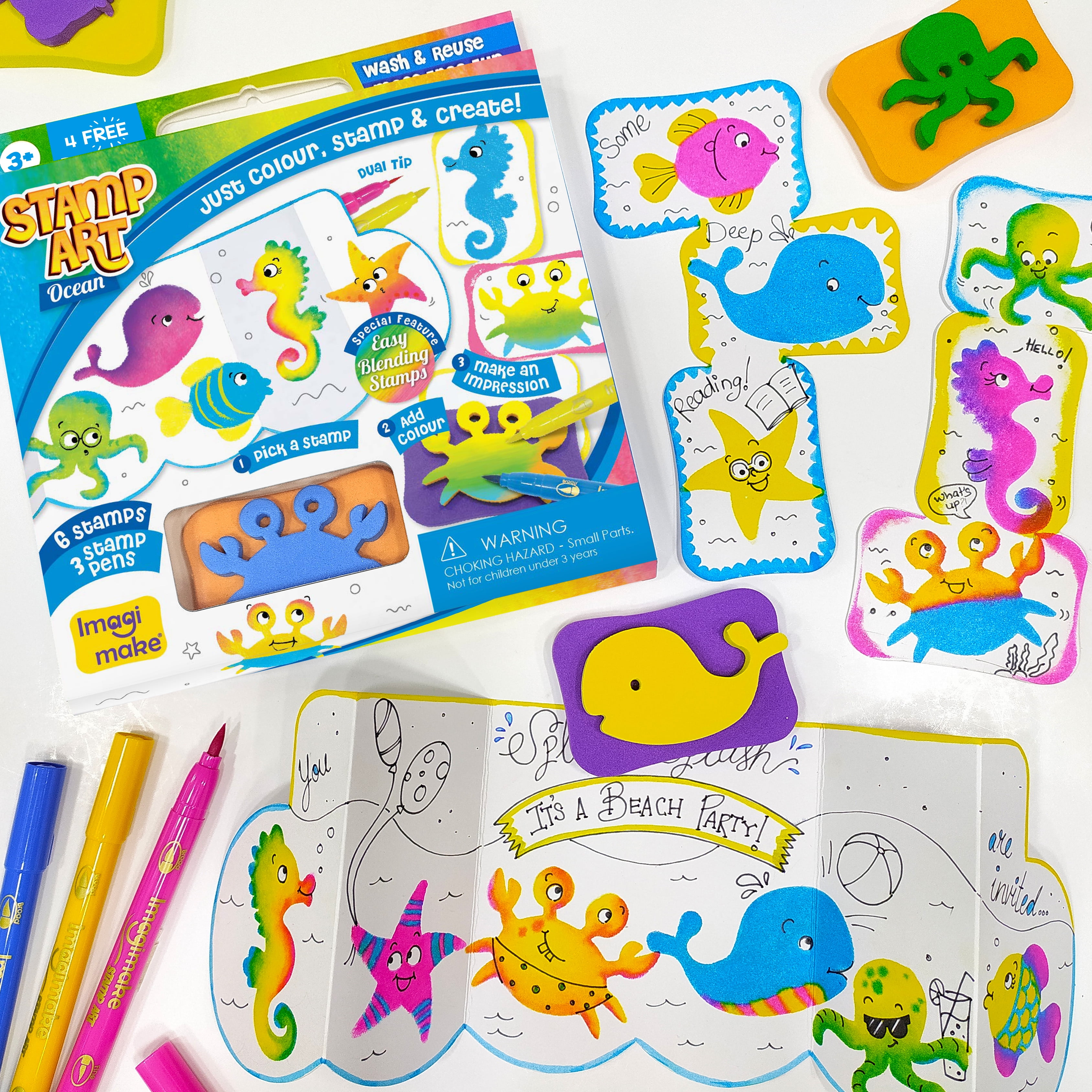 Imagimake Stamp Art Ocean Coloring & Stamping Set for Girls & Boys 3 Years +, Multicolor