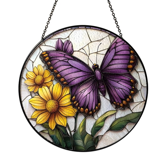 Imaginary Butterfly Stained Glass Suncatcher For Window Decor, Fantasy Winged Insect Hanging Art With Colorful Flowers, Aesthetic Nature Room Ornament, Decorative Indoor Present For Artwork Fans