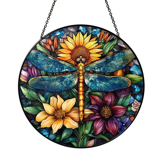 Imaginary Dragonfly Stained Glass Window Hanging, Teal Insect Decorative Suncatcher Panel, Nature Inspired Garden Art Decor, Boho Home Accent Gift