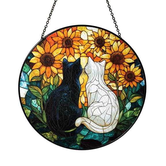 Imaginary Feline Stained Glass Style Window Suncatcher, Decorative Fantasy Cat Art Hanging with Nature Inspired Design