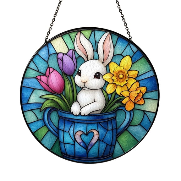 Imaginary Forest Creature Stained Glass Suncatcher For Window Decor, Fantasy Spring Animal Hanging Art With Beautiful Tulips, Aesthetic Room Ornament, Decorative Indoor Present For Artwork Fans