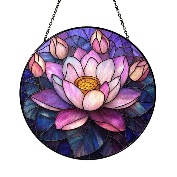 Imaginary Lotus Flower Stained Glass Suncatcher For Window Decor, Fantasy Celestial Art Hanging For Yoga Enthusiasts, Aesthetic Harmony Room Ornament, Decorative Indoor Present For Art Fans