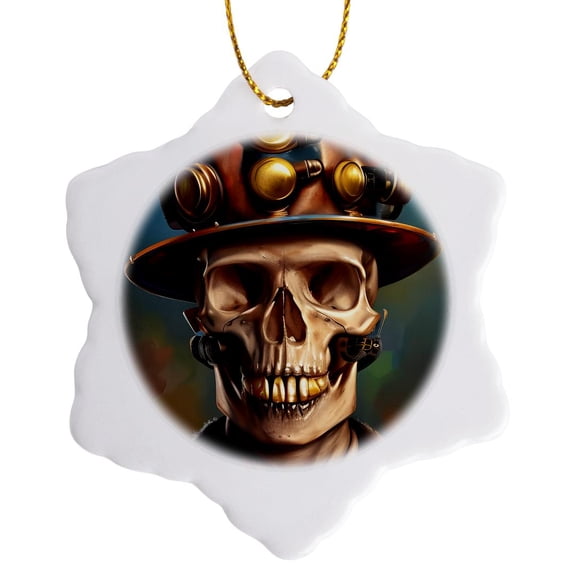 3drose, Imaginary, Machine Fantastic Skull in Metal Helmet. Cool Modern Art, 3 inch Snowflake Porcelain Ornament