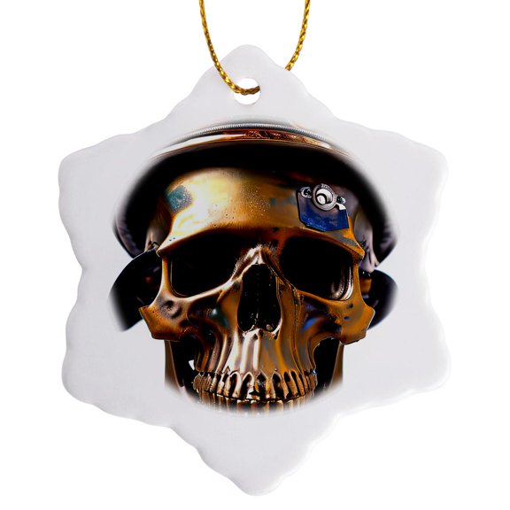 3drose, Imaginary, Machine Fantastic Skull in Metal Helmet. Digital Art, 3 inch Snowflake Porcelain Ornament