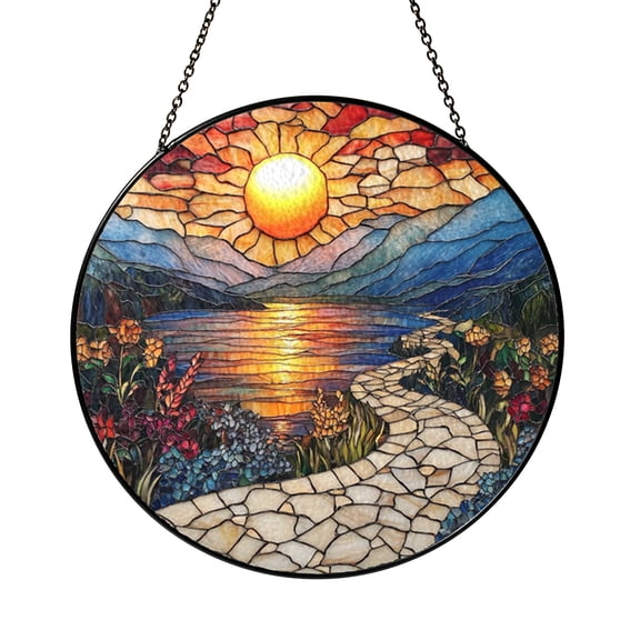 Imaginary Mountain View Stained Glass Suncatcher For Window Decor, Fantasy Sunset Landscape Hanging Art With Wildflowers, Aesthetic Nature Room Ornament, Decorative Indoor Present For Art Fans