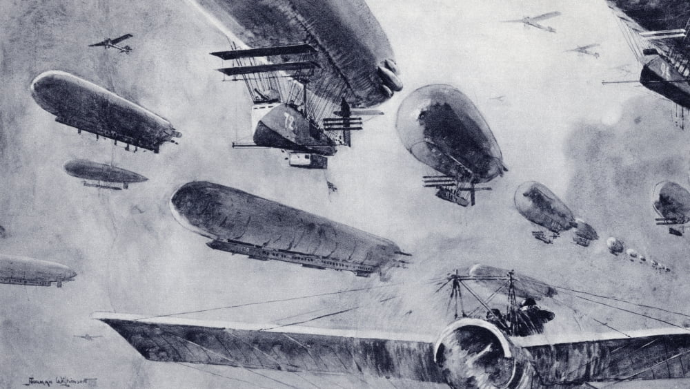 Imaginary Squadron Of German Bomb Dropping Air-Ships Attended By Aeroplane Scouts Drawn By Norman Wilkinson From The Illustrated War News Published 1914 Canvas Art - Ken Welsh Design Pics (19 x 11)