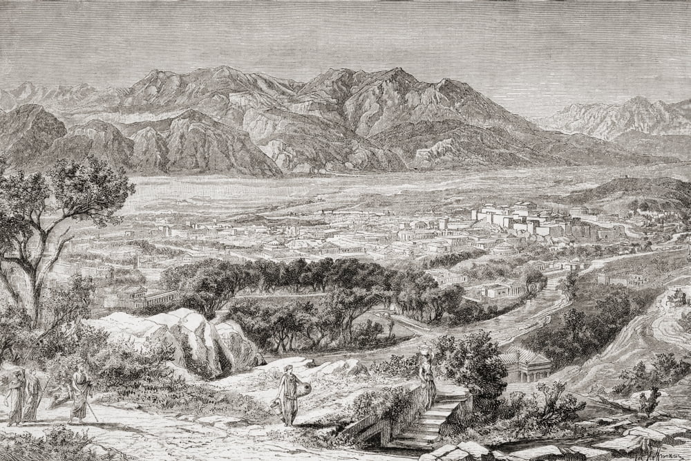 Imaginary View Of The City Of Ancient Sparta With Mt Taygetus Behind From El Mundo Ilustrado Published Barcelona 1880 Canvas Art - Ken Welsh Design Pics (18 x 12)