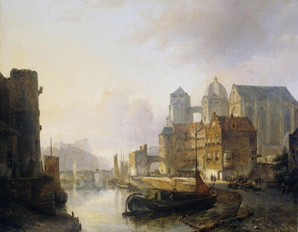 Imaginary View Of A Riverside Town With Aachen Cathedral Canvas Art - (24 x 18)