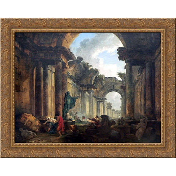 Imaginary View of the Grand Gallery of the Louvre in Ruins 24x20 Gold Ornate Wood Framed Canvas Art by Hubert Robert