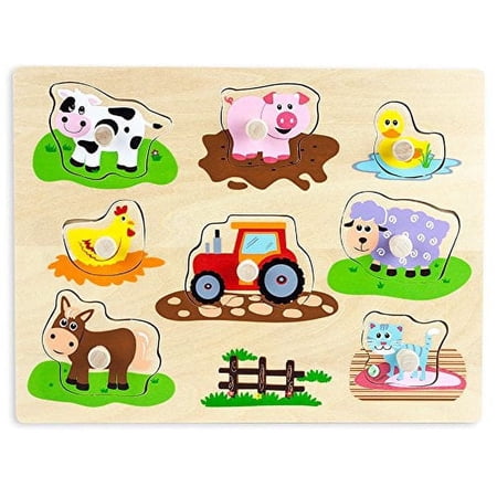 Imagination Generation Professor Poplar's Wooden Barnyard Animals Peg Puzzle, Sensory Tactile Learning