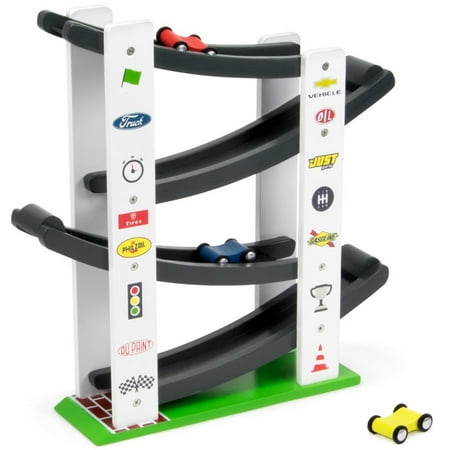 Imagination Generation Stock Car Ramp Racers Playset | Wooden Racing Track Toy with 3 Mini Vehicles