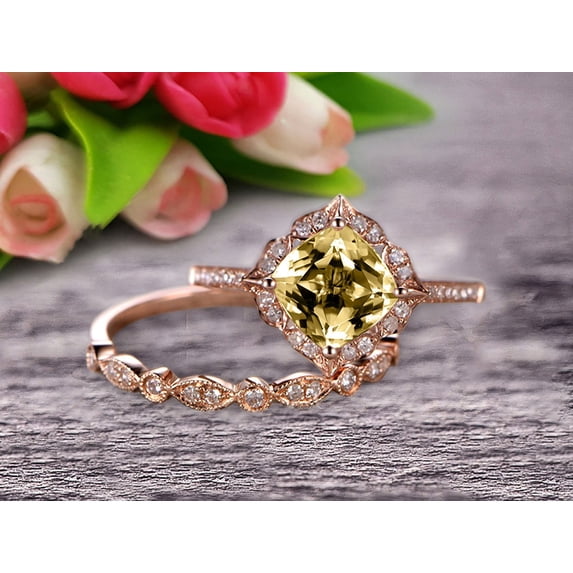 Imaginative Bridal Set 7mm Cushion Cut 2.55 Carat Champagne Diamond Moissanite Wedding Set Engagement Ring 10k Rose Gold Retro Vintage Floral Marquise Matching Band