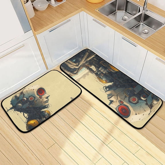 Imaginative Science Fiction Illustrations Kitchen Mat Set of 2 Cushioned Non Slip Rugs for Bedroom Floor Runner Mats