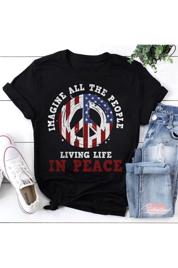 Imagine All The People Peace Quote Graphic Tee America Flag Retro Top,for unisex up to 5XL