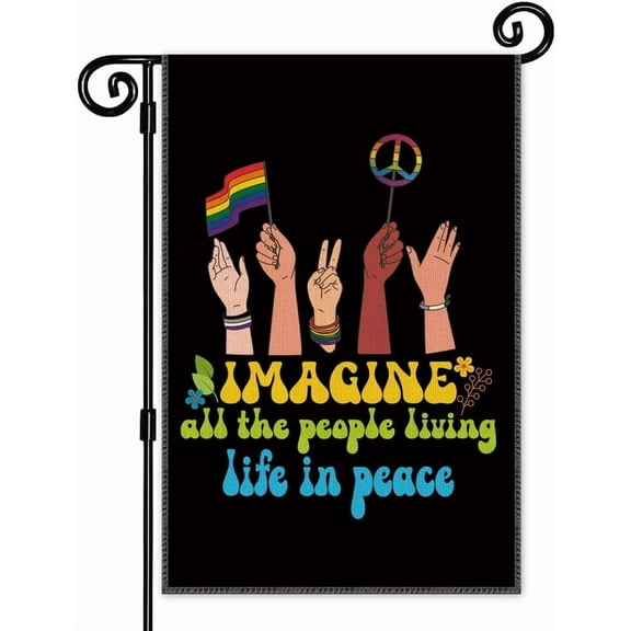 Imagine All The People Living Life In Peace Garden Flag, Welcome Garden Flag Yard Decorations, 12 x 18 Inch Double Sided Outdoor Indoor Decor Flag, LGBTQ Flag, Inclusive Garden Flag
