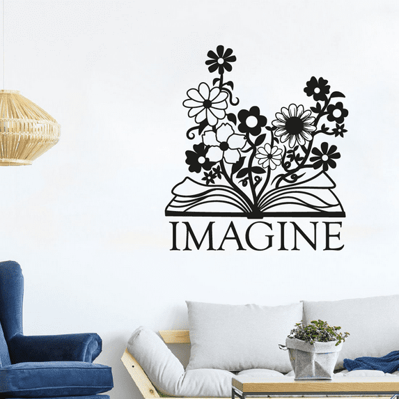 Imagine Quote Book Flower Garden Flowers Floral Spring Silhouette Vinyl Design Wall Sticker Wall Art Wall Decal Boy Girl Kid Room Bedroom Gardener Home Decor Stickers Decoration Size (20x20 inch)