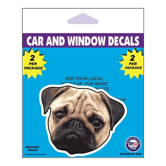 Imagine This Company Pug Dog Face Car Window Decal, 2 Pack, Vinyl Window Sticker