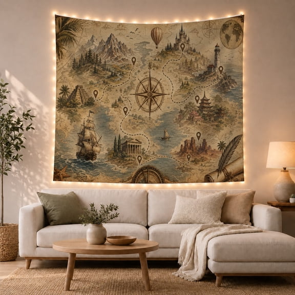 Imagined Realm Map with Compass Among Castle, Ship and Landmarks, Adventurous Fantasy for History Lovers, Travel Art, Graduation Gift, Tapestry Wall Hanging for Bedroom and Den