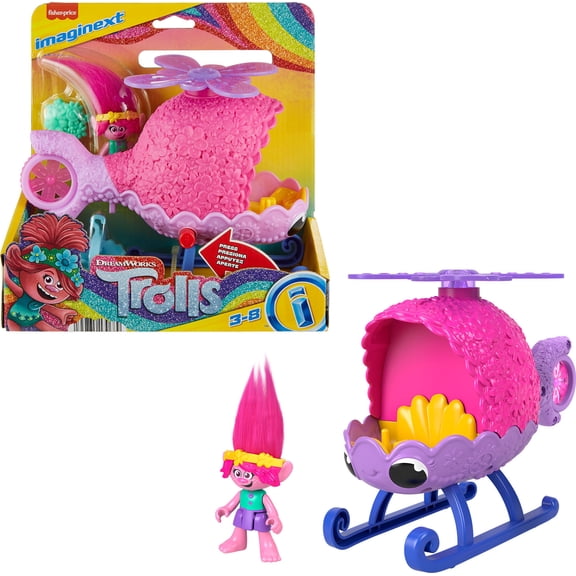 Imaginext Dreamworks Trolls Poppy Figure And Toy Helicopter For Preschool Pretend Play, 4 Pieces