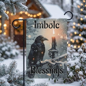 Imbolc Raven Garden Flag Gothic Pagan Yard Decor Candle Snow Winter Banner Witchy Sabbat O
