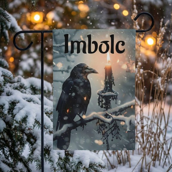 Imbolc Raven Garden Flag Gothic Pagan Yard Decor Candle Snow Winter Banner Witchy Sabbat O