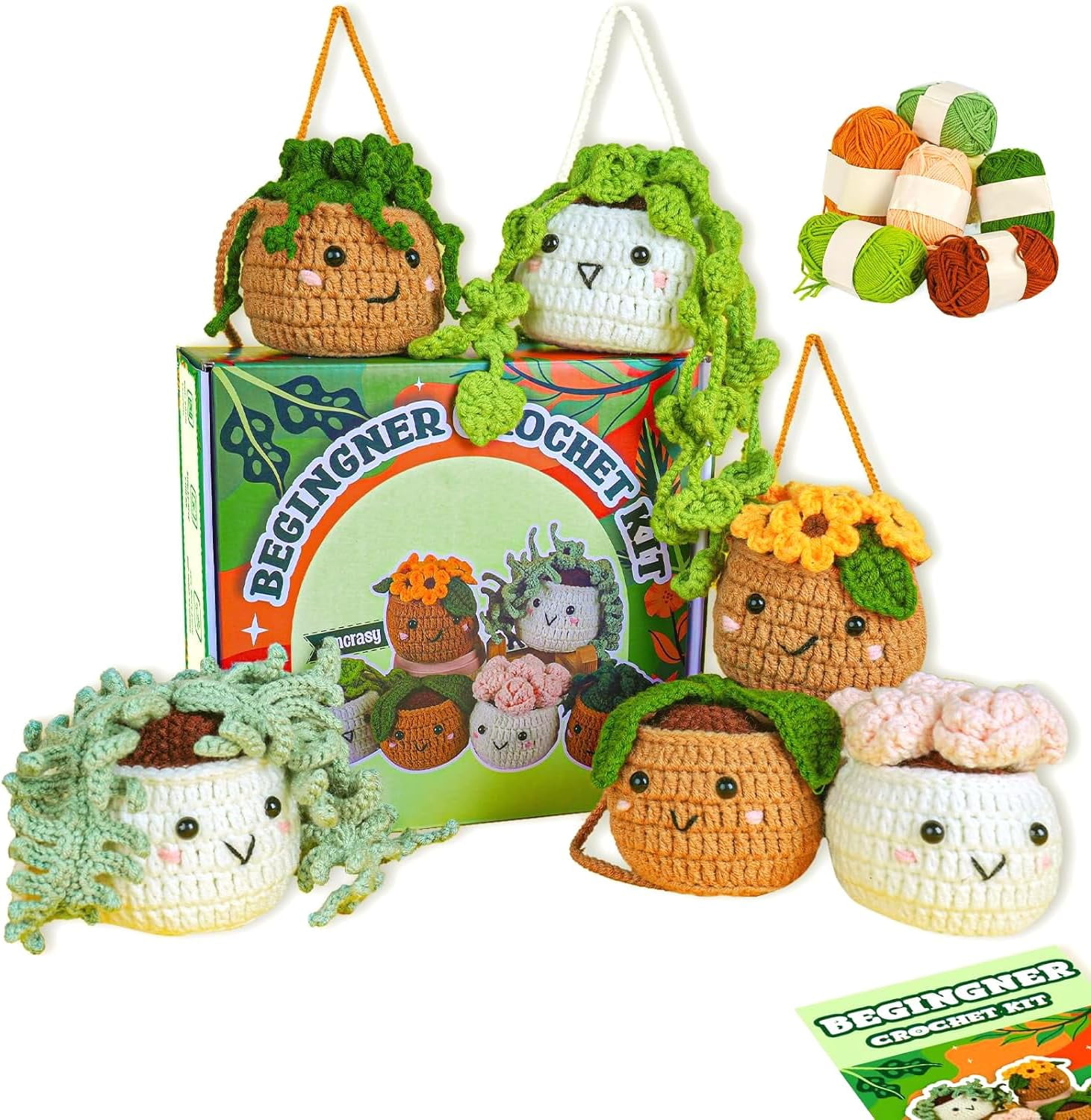 Imcrasy Crochet Kit | Crochet Kit for Beginners | Beginner Crochet Kit with Step by Step Video Lessons | 6 PC Cute Potted Plants Crochet Kit with Complete Crochet Accessories(40%+ Yarn)| WhiteBrown
