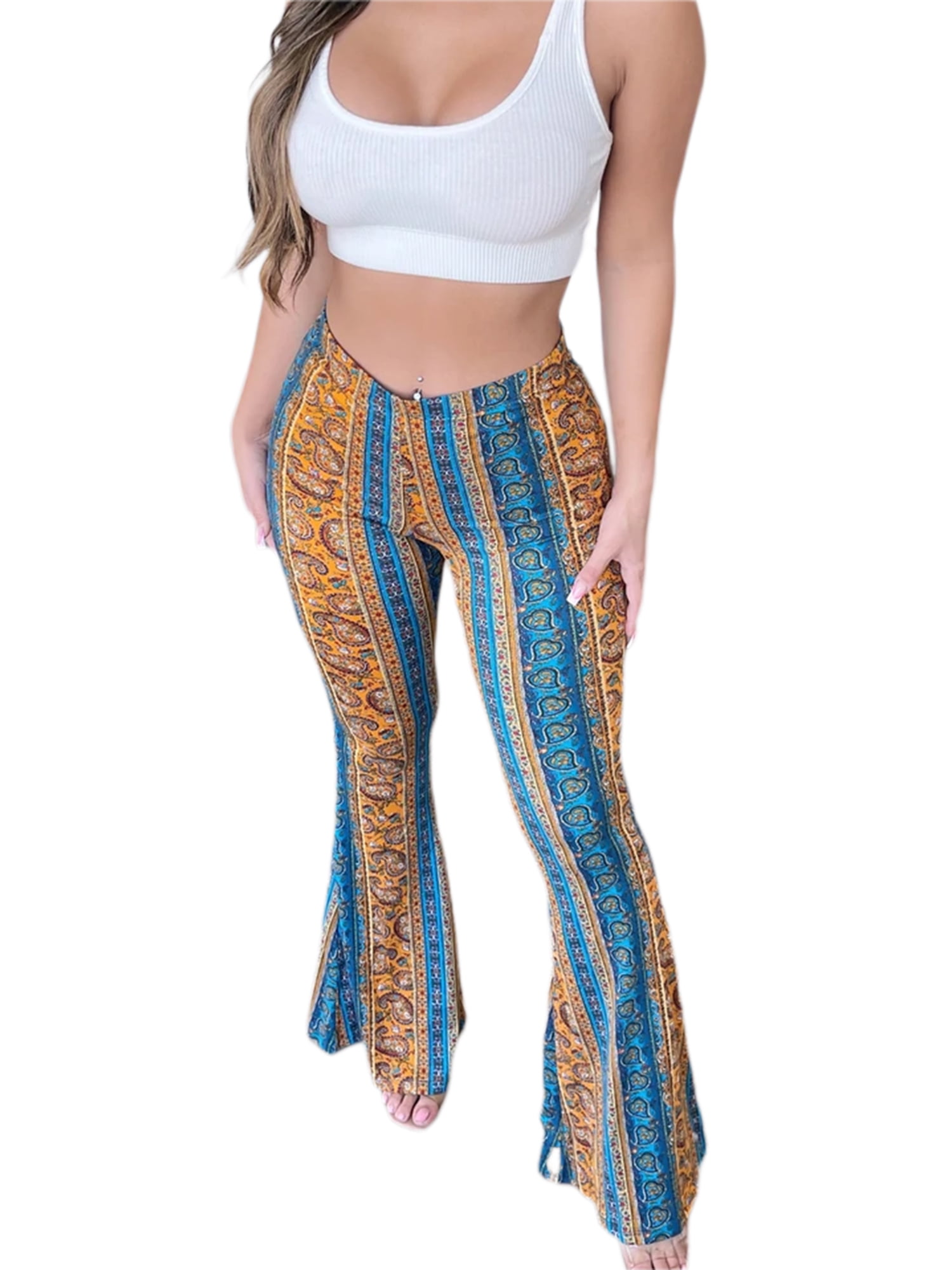 Imcute Women Boho Flare Pants Ethnic Tribal Print Bell Bottom Yoga Palazzo  Hose Trousers Plus Size